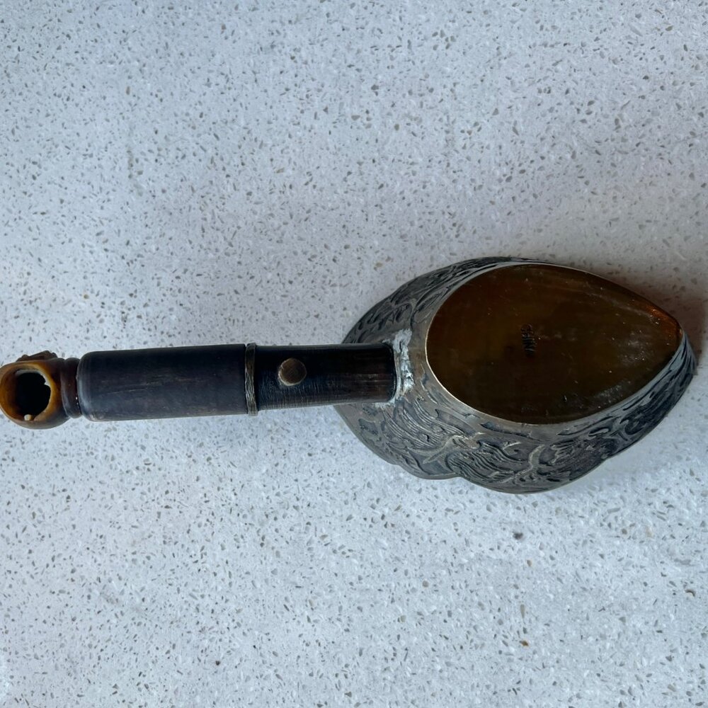 Antique Brass Chinese Silk Iron With Engraved Floral Design & Wooden Handle Fist - Picture 11 of 15